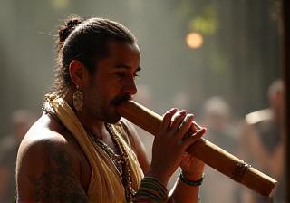 Participants learning to play the didgeridoo